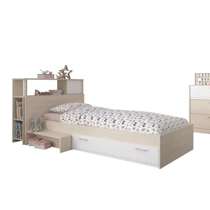 PARISOT Ensemble lit + tête de lit avec rangement - Style contemporain - Décor acacia clair et blanc - CHARLEMAGNE-2