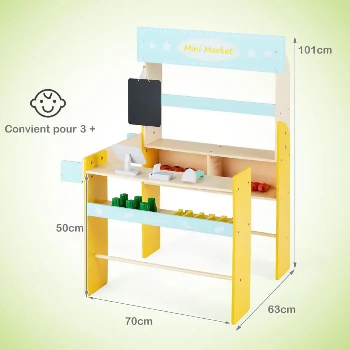 COSTWAY Marchande Enfant 3 Ans+ en Bois - 36 Légumes et Fruits, Machine POS, Tableau Noir et Scanner-3