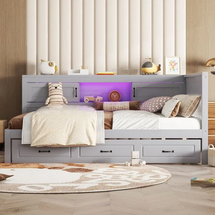 Lit gigogne 140x200cm+90x190cm - lit méridienne avec sommier à lattes, espace de rangement, LED et port USB - Bois Gris-1