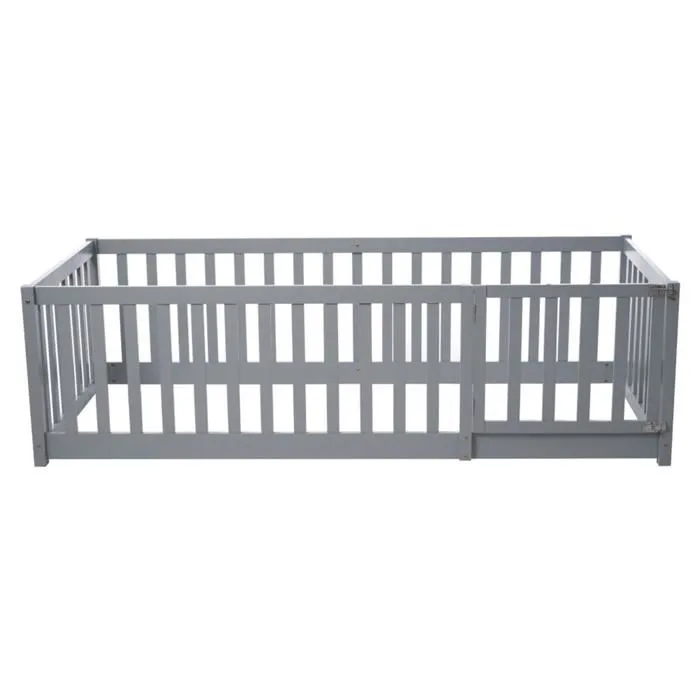 Lit d'enfant - Non spécifié - 90 x 200 cm - Bois massif - Gris - Barrière avec porte-3