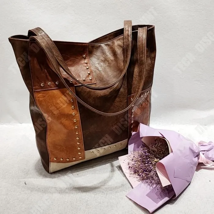 TD® Mode rétro européenne et américaine Rivet contraste couleur couture une épaule Portable fourre-tout femme grande capacité sac-1