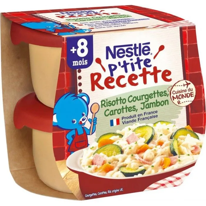 Nestlé P’Tite Recette Plat bébé dés 8 mois, risotto courgettes carottes jambon 2x200g 400g-0