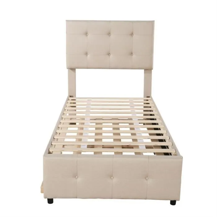 Lit gigogne - Enfant - Beige - 90x200cm + 90x190cm - Tête de lit réglable - Lit extensible en lin-2