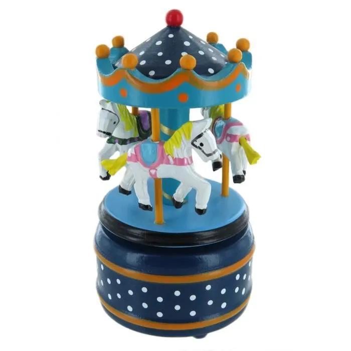 Dixie's Land (D. Emmett) - Boîte à musique - carrousel - manège musical miniature bleu étoilé en bois avec chevaux tournants 16001-0