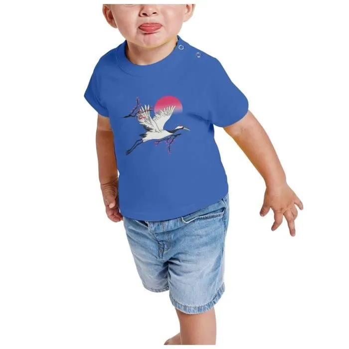 T-shirt Bébé Manche Courte Bleu Grue du Japon Oiseau Asie Faune Sakura-1