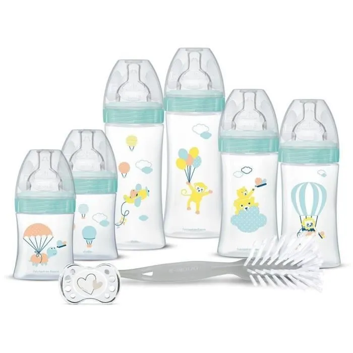 Dodie Kit Naissance - 6 Biberons Anti-Colique Tétines Plates, 1 Sucette Anatomique 0-2 Mois, 1 Goupillon - Sans BPA - Vert-0