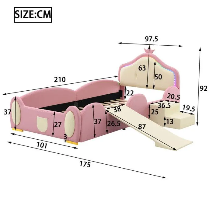 Lit enfant 90x200cm en similicuir avec petit toboggan et escalier + LED multicolore et sommier à lattes - Beige-3