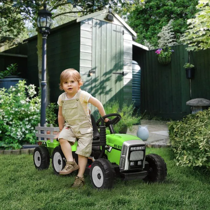 Tracteur électrique - HOMCOM - avec remorque amovible - avec télécommande MP3 musique affichage lumières - enfants 3-6 ans - vert-2