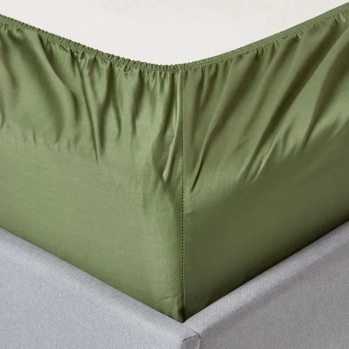 Drap-housse - Coton égyptien biologique - 400 fils - Vert mousse - 180 x 200 cm - Lavable en machine-1