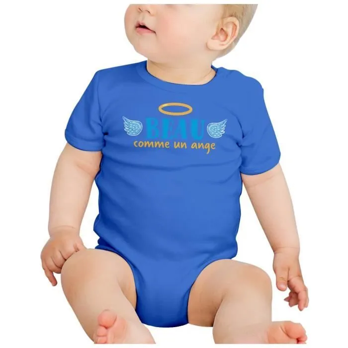 Body Bébé Manche Courte Bleu Beau Comme un Ange Garçon Mignon-1