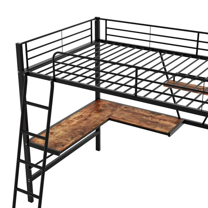 Lit mezzanine - Noir - 90x200cm - Bureau en L - Étagères de rangement - Métal-2