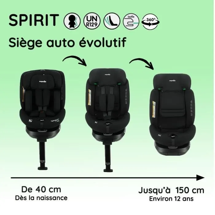NANIA Siège auto isofix SPIRIT, Groupe 0/1/2/3, de 0 à 10 ans, 0-36 kg, 40-150 cm, R 129– Têtière réglable - Inclinable - Pivotant --3