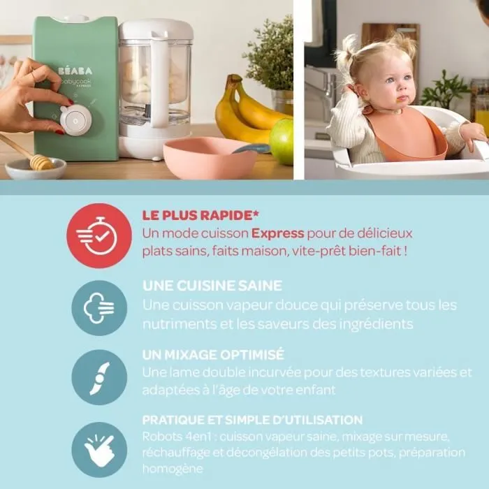 BEABA, Babycook express, robot bébé, 4 en 1 mixeur-cuiseur, vert sauge-2