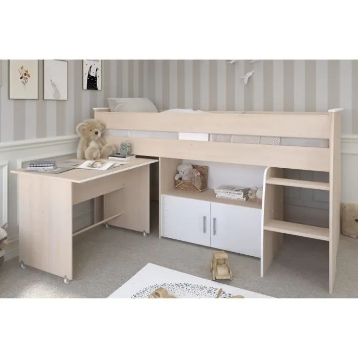 Lit combiné enfant Parisot ZOLA 90x200 cm - 2 portes - Avec bureau - Décor acacia clair et blanc-0