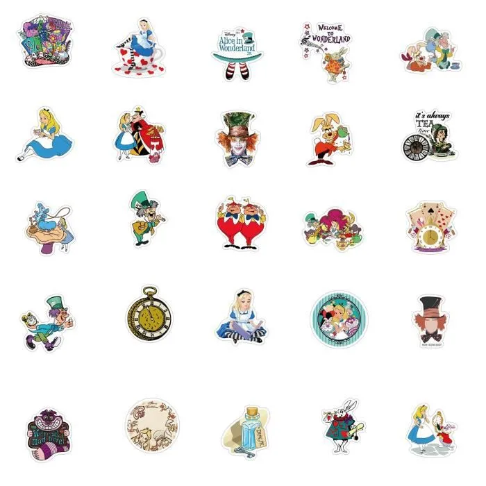 50pcs -Autocollants du film Disney Alice au pays des merveilles, étiquette étanche, Skateboard, guitare, bagage, ordinateur portable-2