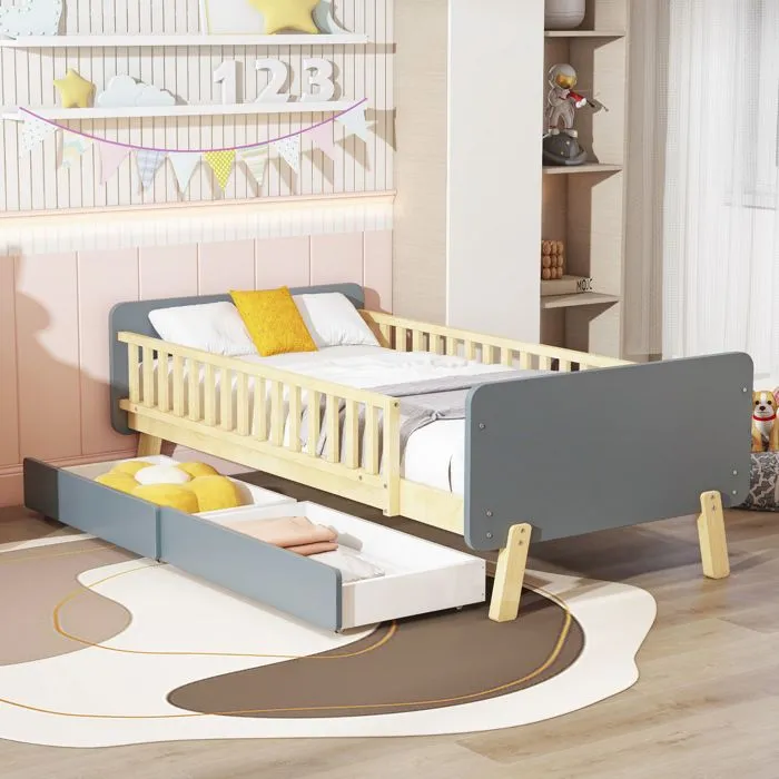 Lit enfant - Bois massif - 90x190 cm - 2 tiroirs - Gris - Sommier inclus-0