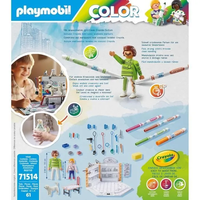 PLAYMOBIL Color 71514 Salon de toilettage, Crayons Crayola pour dessiner sur les personnages, 61 pièces, Dès 5 ans-6