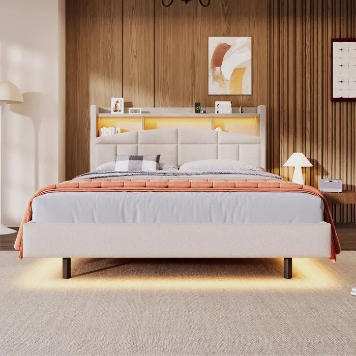 Lit double 140x200cm, étagère rabattable, tête de lit avec étagère, USB et lumières LED, sans matelas, beige-5