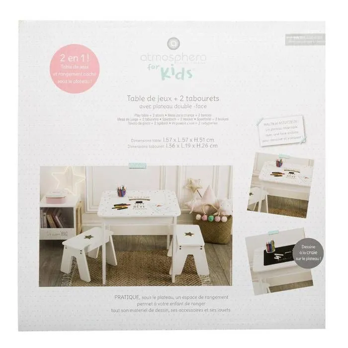 Table bac enfant + 2 tabourets - Blanc et doré - ATMOSPHERA - L 57 x P 57 x H 51 cm - Enfant - Bois MDF-1