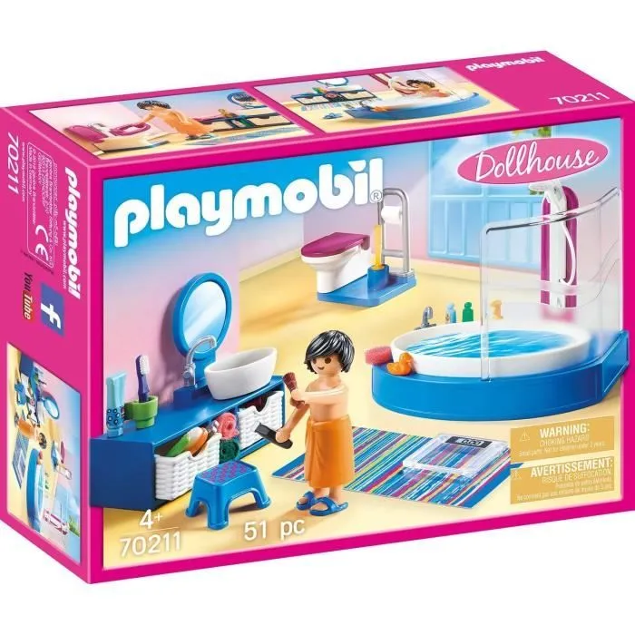 PLAYMOBIL 70211 Salle de bain avec baignoire, Dollhouse La Maison Traditionnelle, 51 pièces, Dès 4 ans-0