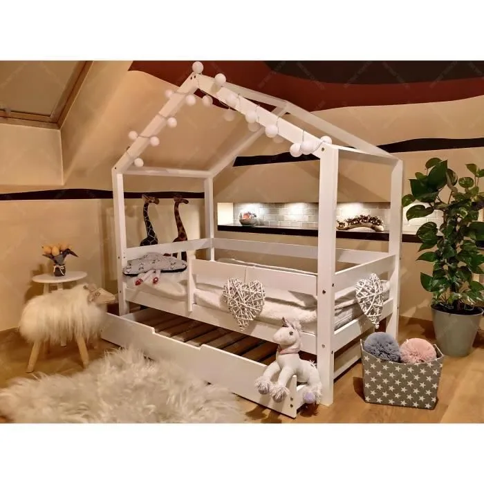 Lit Cabane - Oliveo - 160x90cm - Bois massif - Style scandinave - Avec tiroir-0
