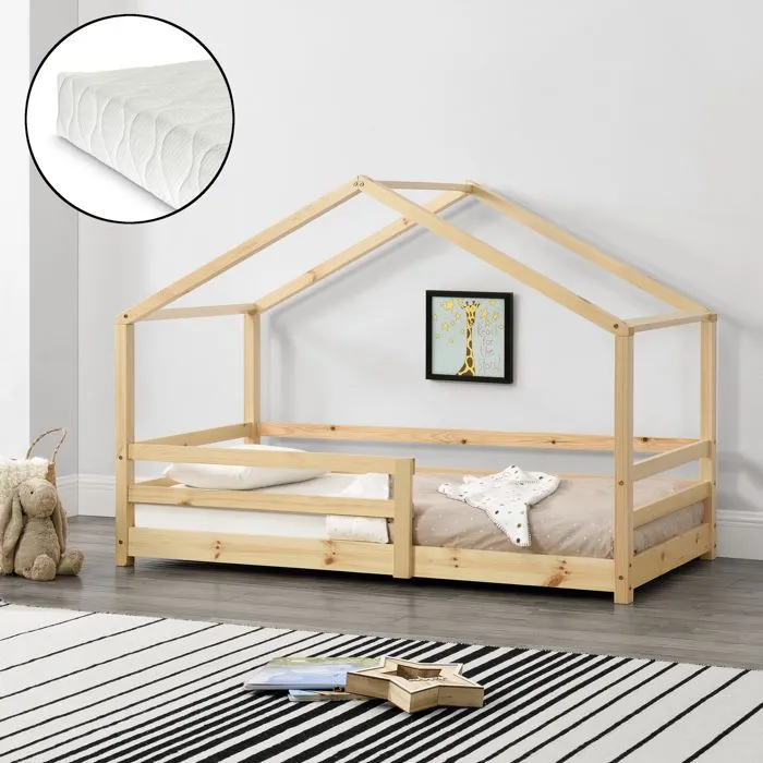 Lit Cabane Knätten avec Grille de Protection et Matelas Mousse à Froid 200 x 90 cm Naturel-0