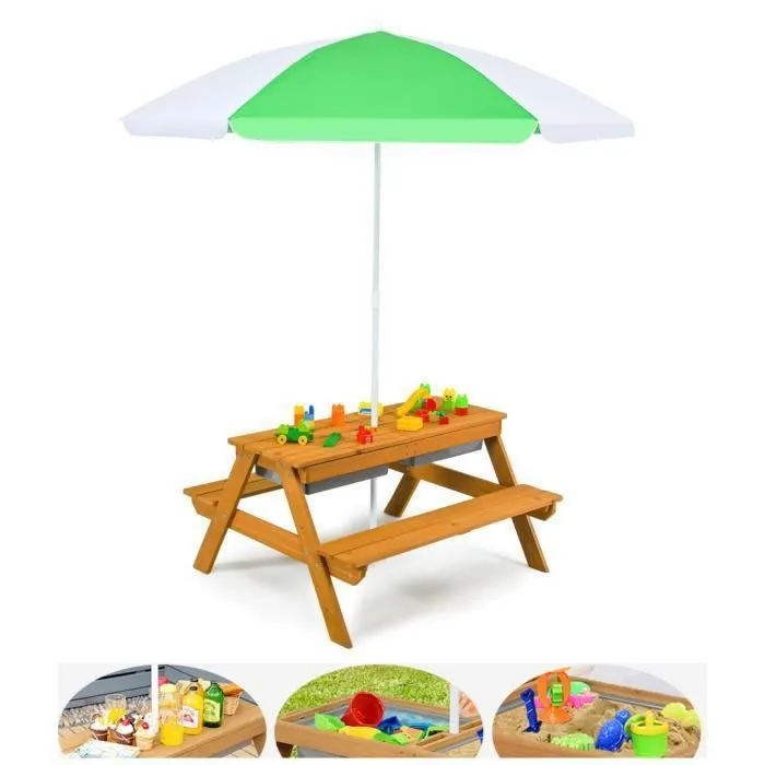 COSTWAY Table et 2 Bancs pour 4 Enfants avec Parasol , 2 Boîtes pour Sable & Eau, Plateau Amovible, 3-7 Ans-1