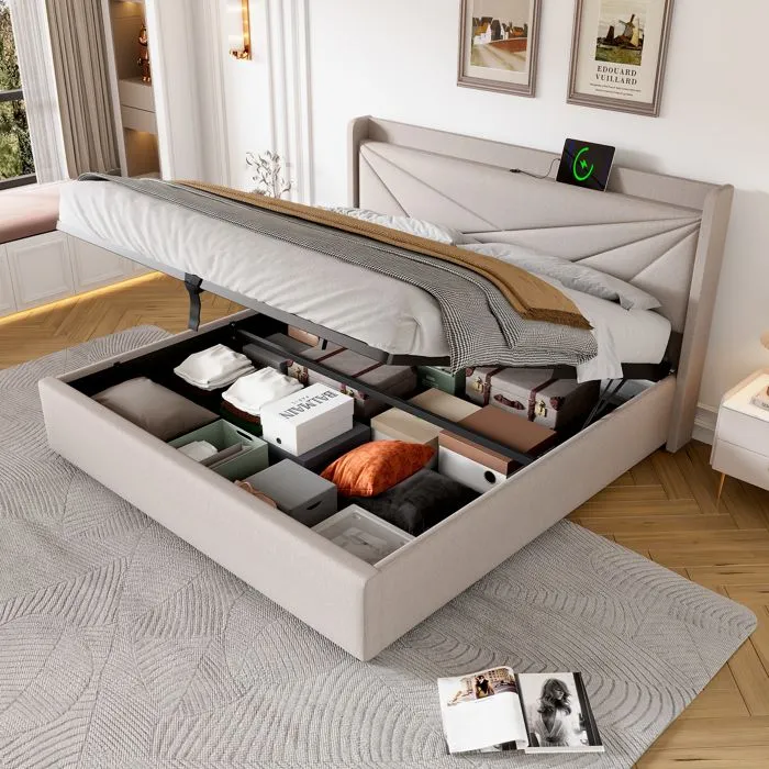 ModernLuxe Lit coffre 160x200cm - lit adulte avec port USB + sommier à lattes + tissu en lin - beige-1