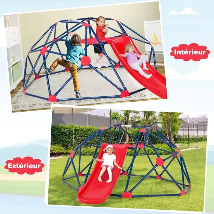 COSTWAY Dôme d'escalade avec Toboggan 241,5 x 183 x 91,5 CM, Cadre en Métal Robuste, Jouet Extérieure pour Enfants 3-10 Ans Rouge-1