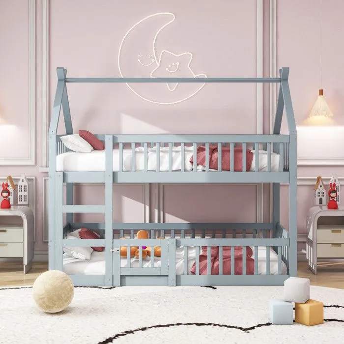 Lit superposé enfant 90x200cm - avec escalier - design loft - bois massif - gris-2