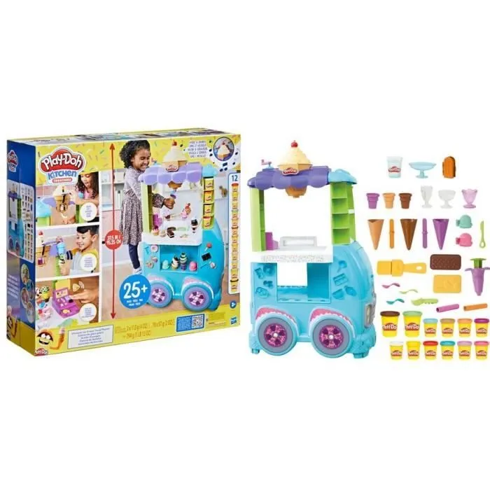 PlayDoh Camion de glace géant, Coffret Kitchen Creations, 27 accessoires, 12 pots de pâte à modeler, sons réalistes, dès 3 ans-6