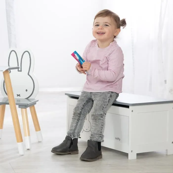 Coffre à Jouets miffy® pour Enfant - Meuble de Rangement en Bois 2 en 1 - Blanc / Motif Lapin Gris - ROBA-2