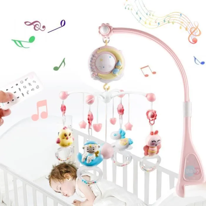 PIMPIMSKY Mobile Musical pour Lit Bébé Télécommandé Projection de Lumières Musiques et Sons dès la Naissance Mobile Musical-rose-0
