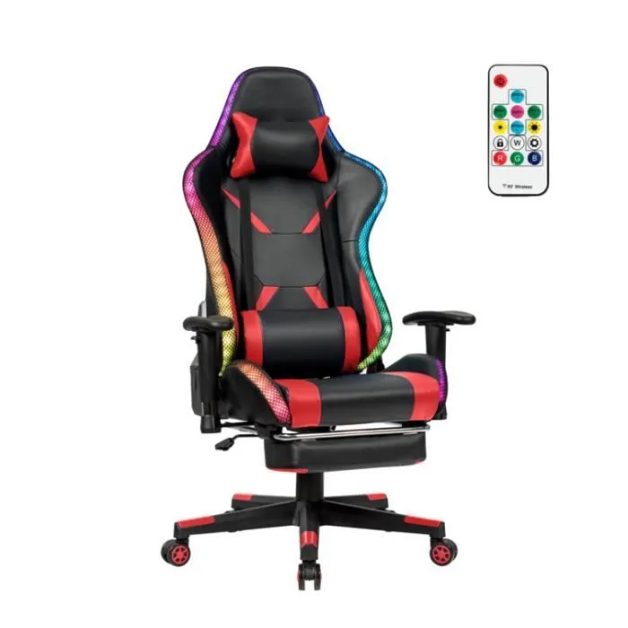 COSTWAY Chaise Gaming RVB , Fauteuil Gamer Éclairage LED 358 Effets en PU avec Dossier, Hauteur et Repose Pieds Réglable Rouge-0