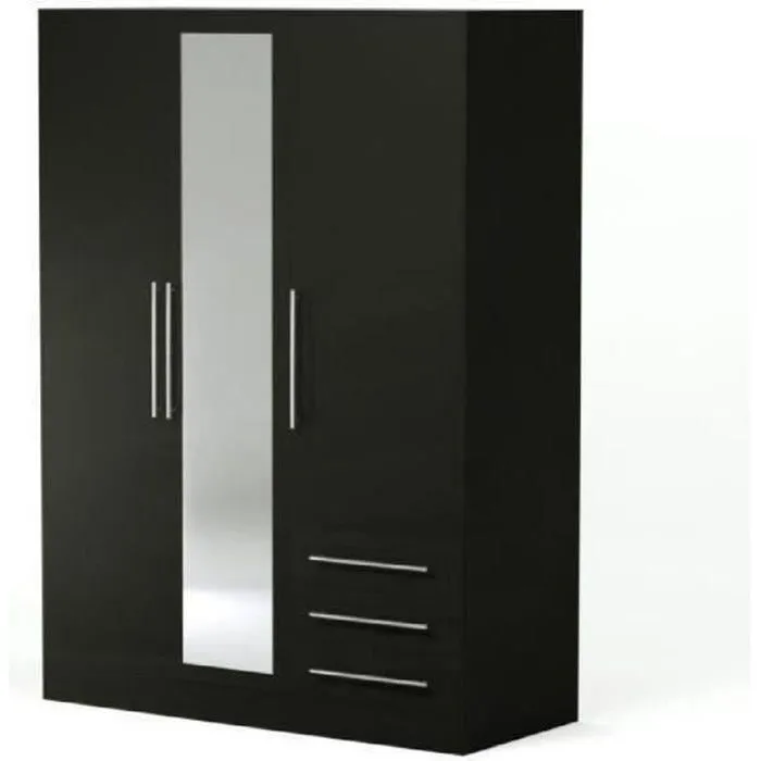 Armoire 3 portes battantes avec miroir + 3 tiroirs - Bois aggloméré - Noir - L 144,6 x P 60 x H 200 cm - JUPITER-4