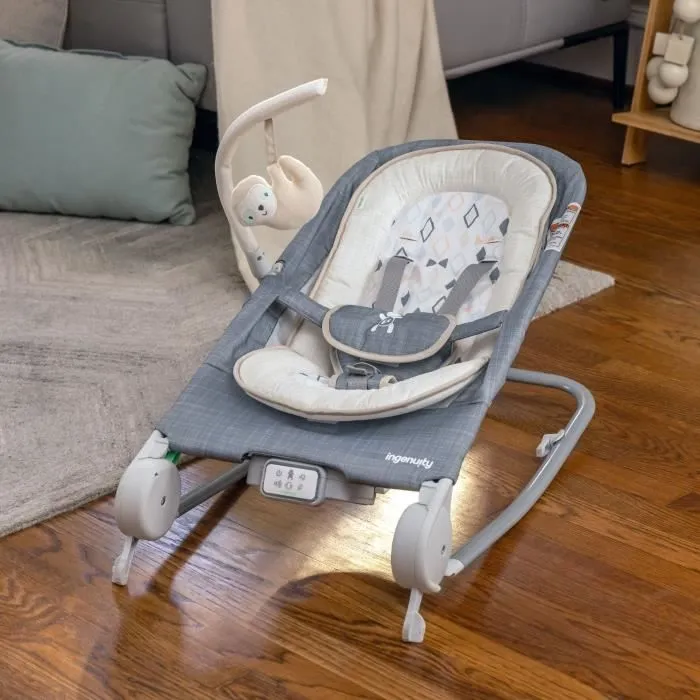 INGENUITY Transat bébé pliable massage ventre - Parker, Position fixe ou à bascule, vibrations, mélodies et arches d'éveil amovible-6