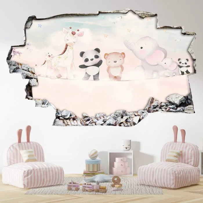 Stickers Trompe l'oeil trou dans le mur - Animaux Bébés 3617689721606 - Hauteur 50 x Largeur 80 cm-0