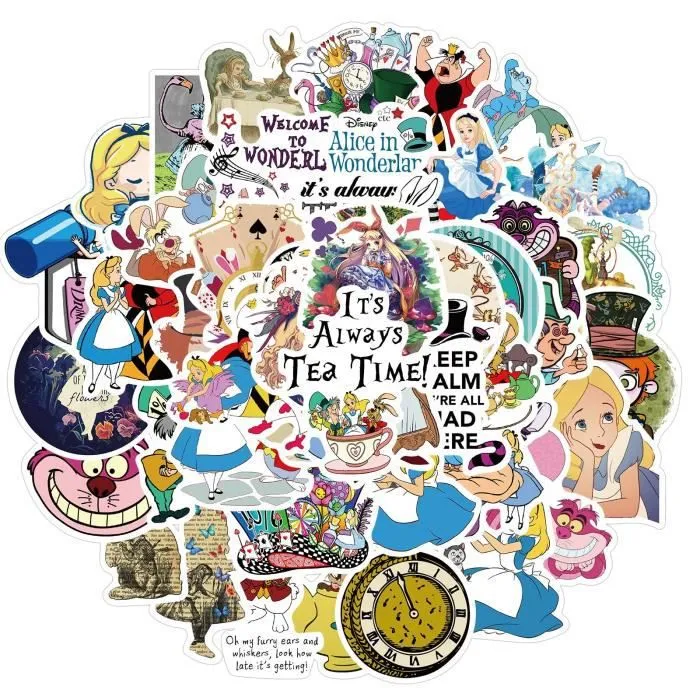 50pcs -Autocollants du film Disney Alice au pays des merveilles, étiquette étanche, Skateboard, guitare, bagage, ordinateur portable-0