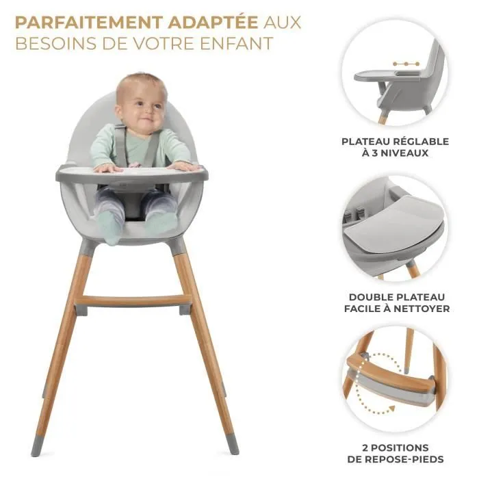 Chaise haute KINDERKRAFT FINI 2 Gris - Plateau réglable - Harnais de sécurité à 5 points-2