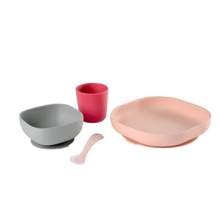 BÉABA - Set Vaisselle Silicone Repas Bébé - Ventouse - Anti-dérapant - 4 Pièces - Rose-1