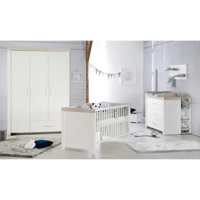 ROBA Lit Bébé Évolutif 70x140 cm - Lucy - Hauteur Ajustable à 3 Niveaux - Convertible en Lit Junior - Blanc Canadien / Effet Bois-3