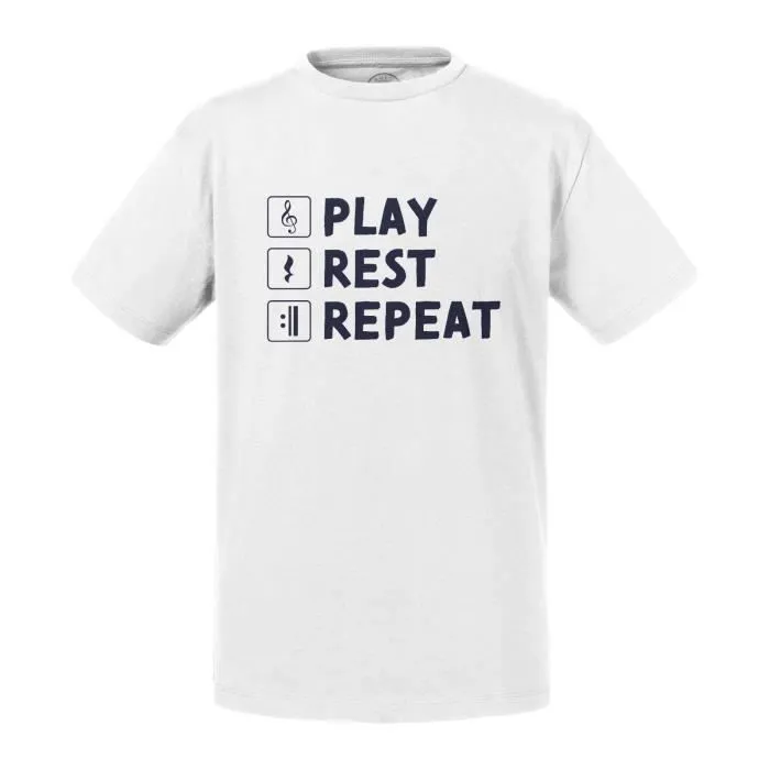 T-shirt Enfant Blanc Play Rest Repeat Partition Musique Musicien Instrument-0