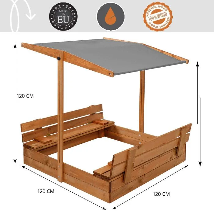 Bac à Sable - Springos - 120 x 120 cm - Bois Massif - Bancs Pliables - Toit Réglable-1