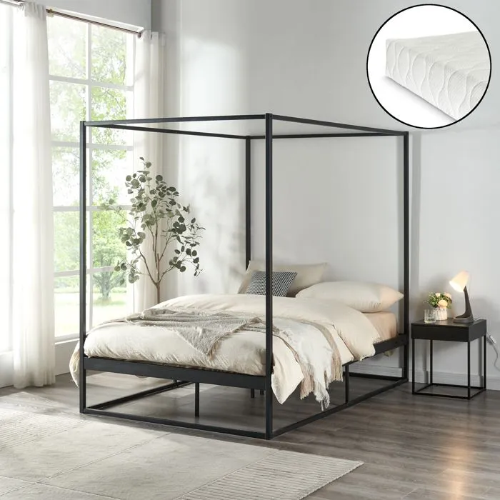 Lit à baldaquin Kristianstad et matelas à mousse froid 120 x 200 cm noir-0