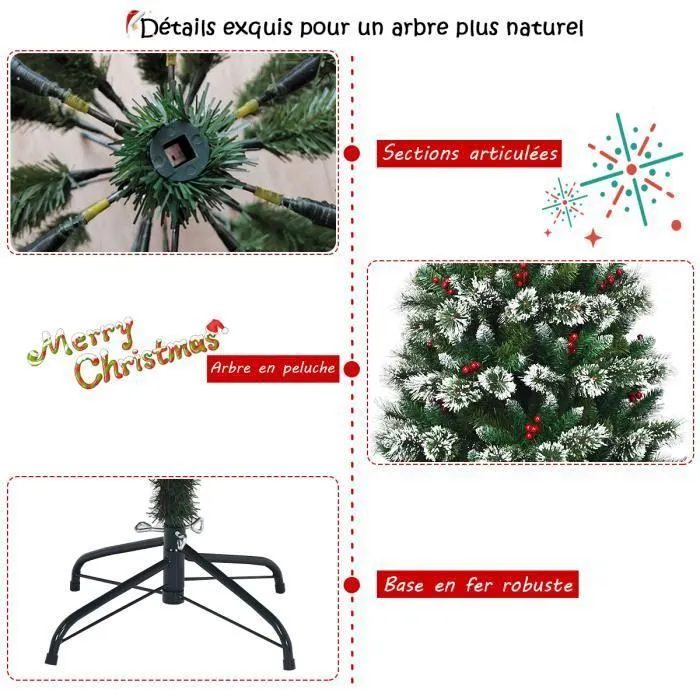 COSTWAY Sapin de Noël Artificiel 150cm avec Flocons de Neige Baies Rouges Dense Base en Métal PVC Design Dense Décoration de Fête-1