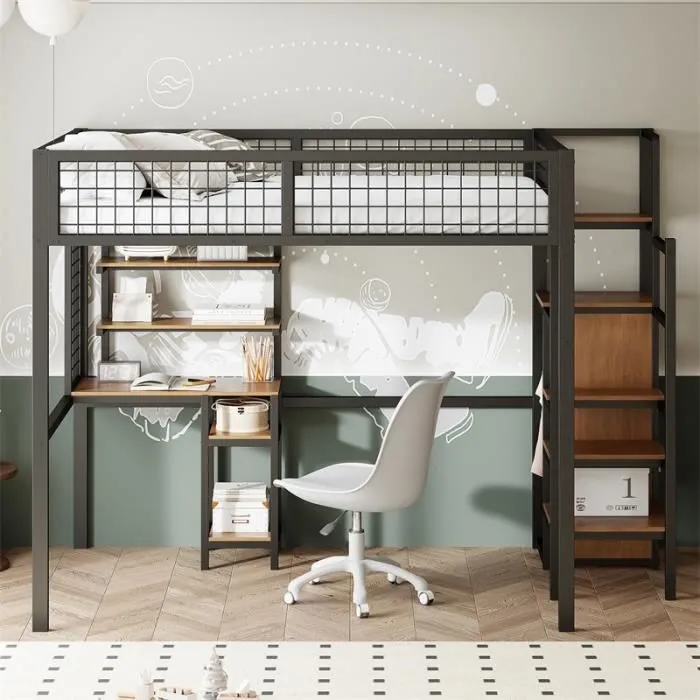 Lit mezzanine - Enfant - 140x200cm - Métal noir - Échelle de sécurité - Bureau intégré-1