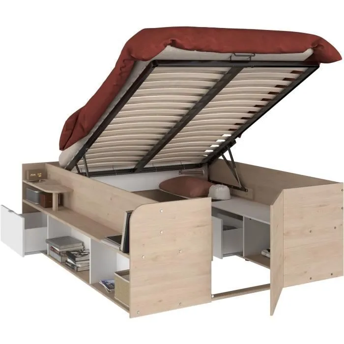 ODYSSEE Lit coffre adulte - 140x190/200 cm - Avec coffre relevable - Décor chêne et Blanc - 168,3x66,5x209,5 cm-0