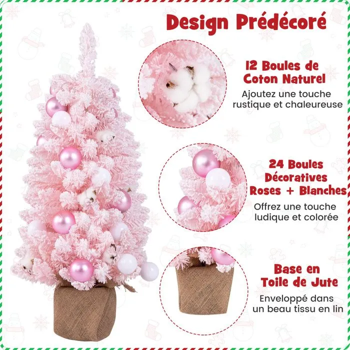 COSTWAY Mini Sapin de Noël Artificiel Pré-décoré 90 cm, 12 Boules de Coton Naturel, 24 Boules Décoratives, Base en Ciment, Rose-1