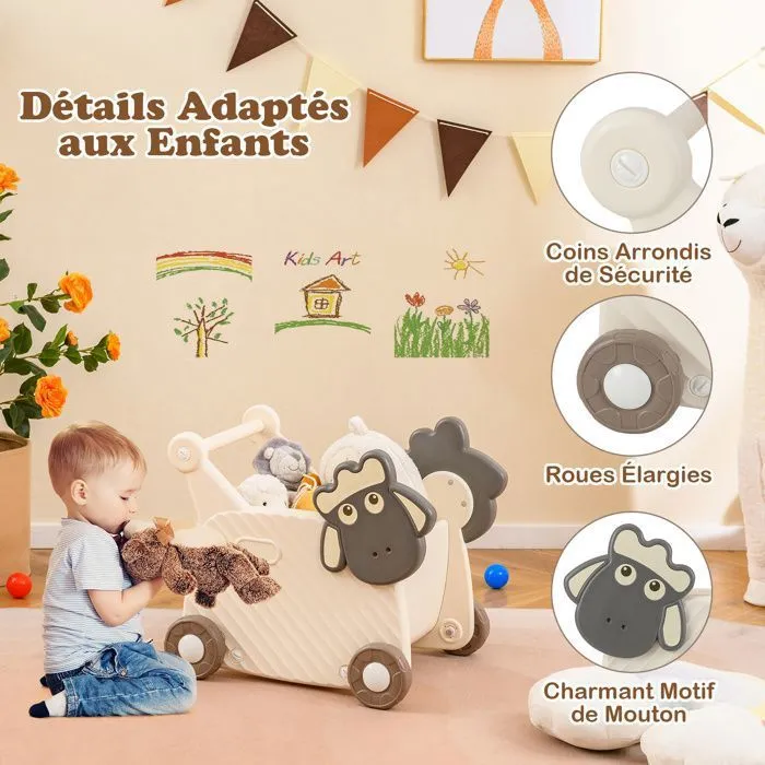 COSTWAY Chariot a pousser bebe, Chariot a pousser pour Bébé 1-3 ans, Beige-3