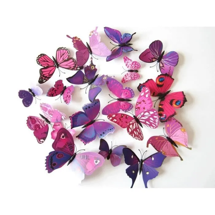 Décoration murale - TRIXES - Lot de 12 Papillons Magnétiques 3D - Rose et Violet - Asymétrique - Contemporain-1